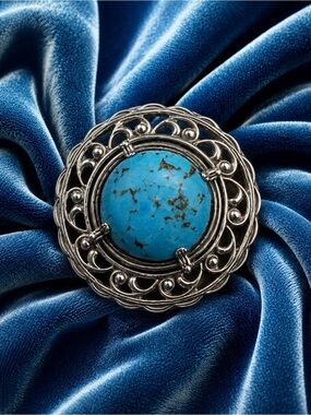 🤩Brooch Genuine Turquoise & 925 Sterling Silver Vintage Art Nouveau Pin
